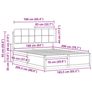 Sängram med Klädd Huvudgavel Svart 160 x 200 cm Massiv furu