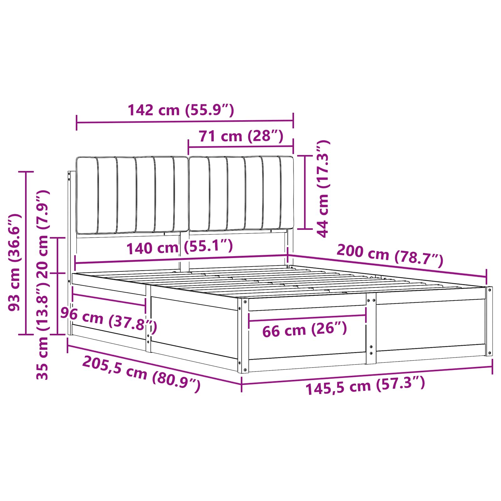 Sängram med Klädd Huvudgavel Taupe 140 x 200 cm Massiv furu