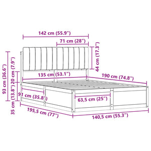 Sängram med Klädd Huvudgavel Mörkgrå 135 x 190 cm Massiv furu