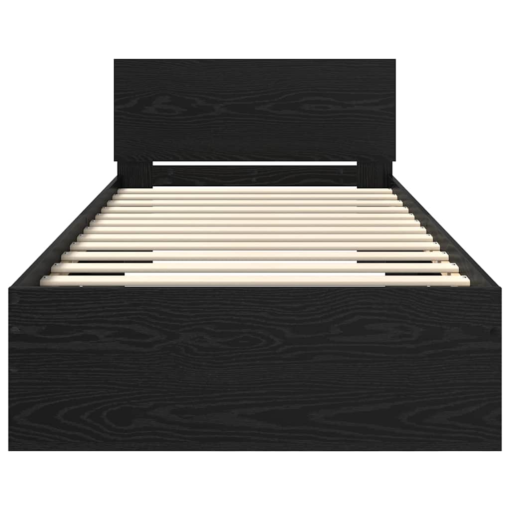 Sängram med LED -remsljus Svart Ek 90 x 190 cm Konstruerat trä