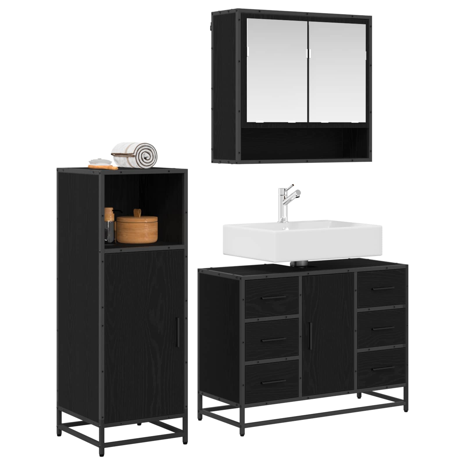 Badrumsmöbelset 3 st Svart Ek 80 x 33 x 60 cm Konstruerat trä
