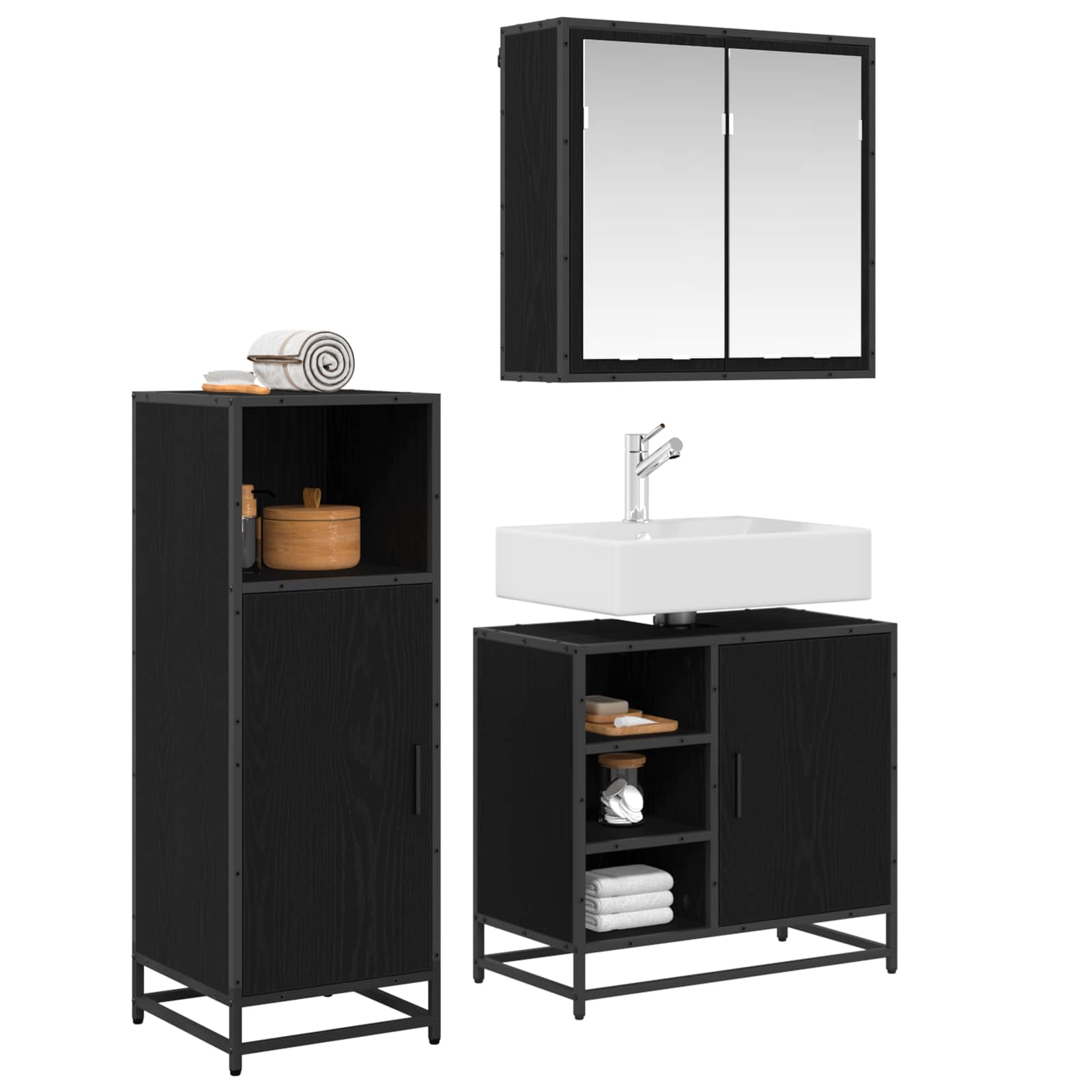 Badrumsmöbelset 3 st Svart Ek 65 x 33 x 60 cm Konstruerat trä