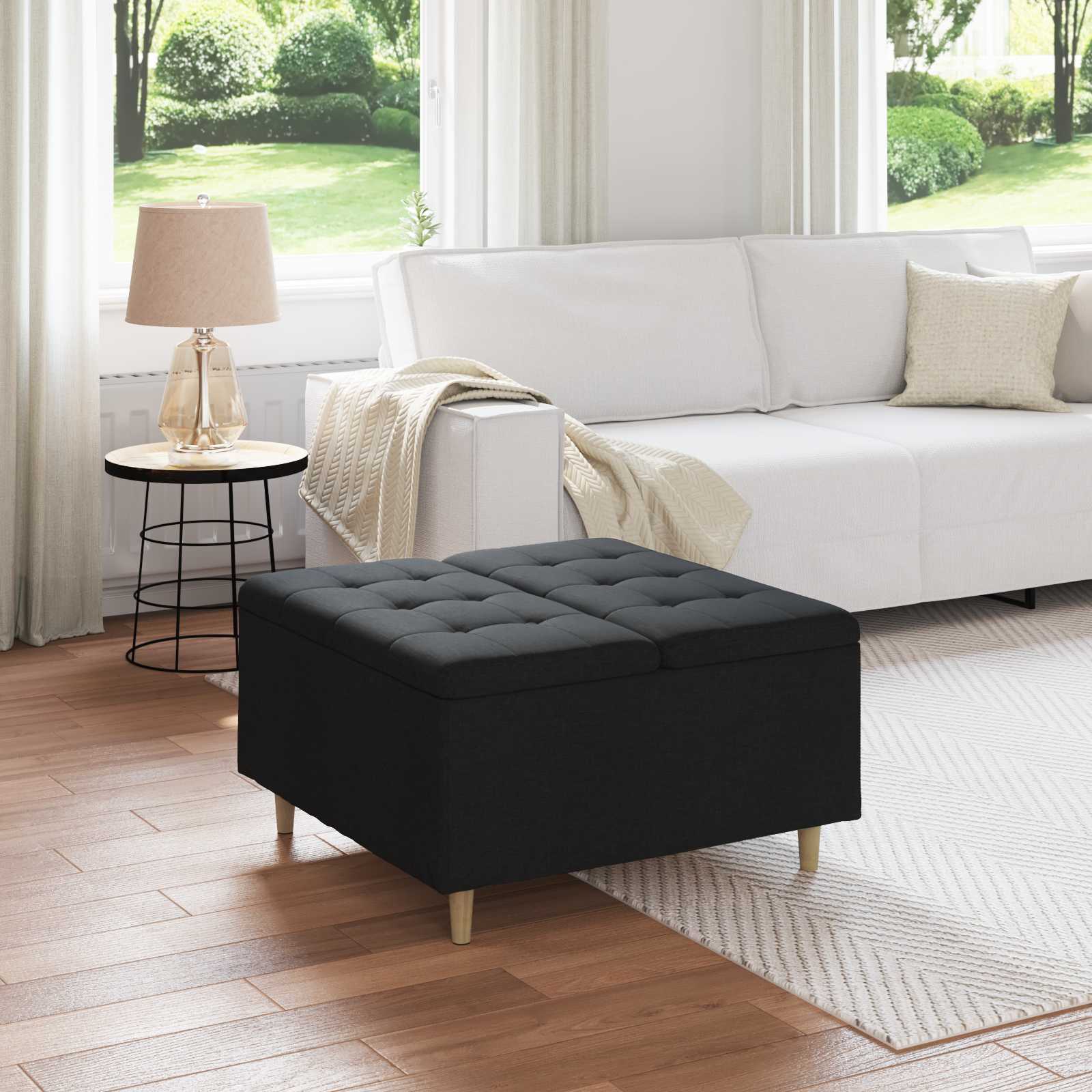 Ottoman med förvaring Svart 80 x 80 x 45 cm tyg