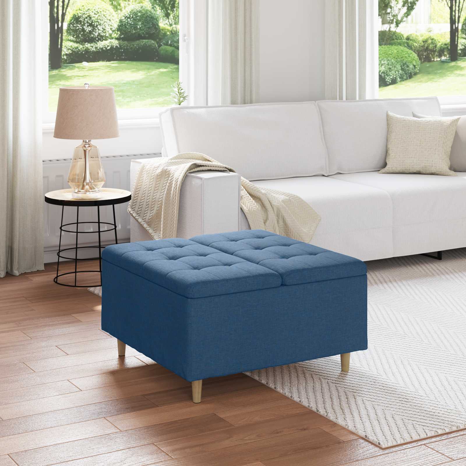 Ottoman med förvaring Blå 80 x 80 x 45 cm tyg