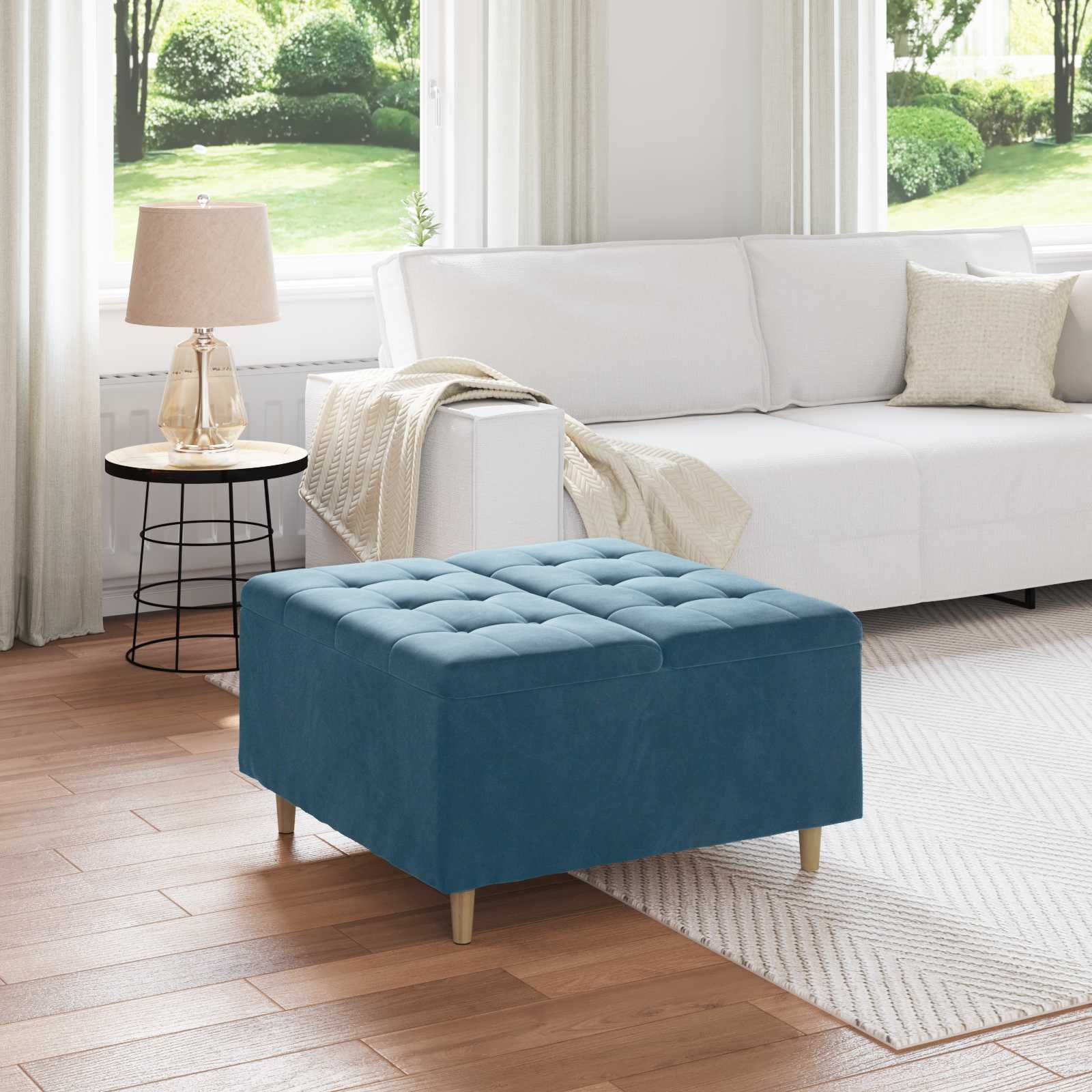 Ottoman med förvaring Blå 80 x 80 x 45 cm Sammet