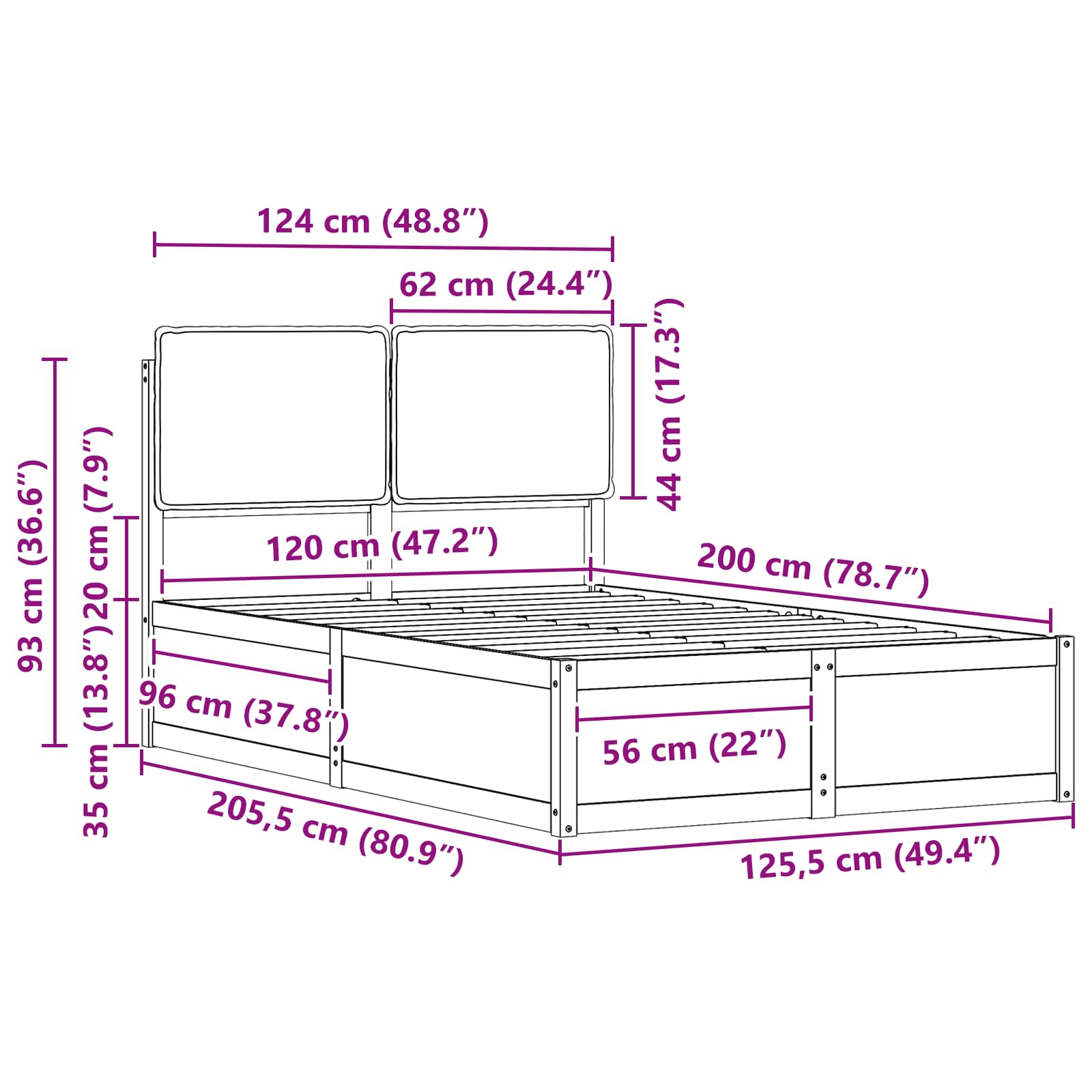 Sängram med Klädd Huvudgavel Ljusgrå 120 x 200 cm Massiv furu