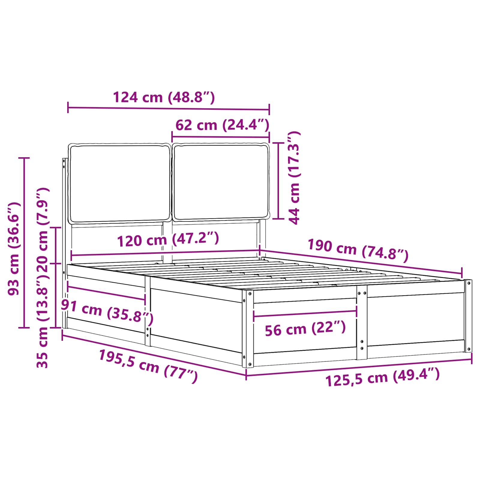 Sängram med Klädd Huvudgavel Ljusgrå 120 x 190 cm Massiv furu