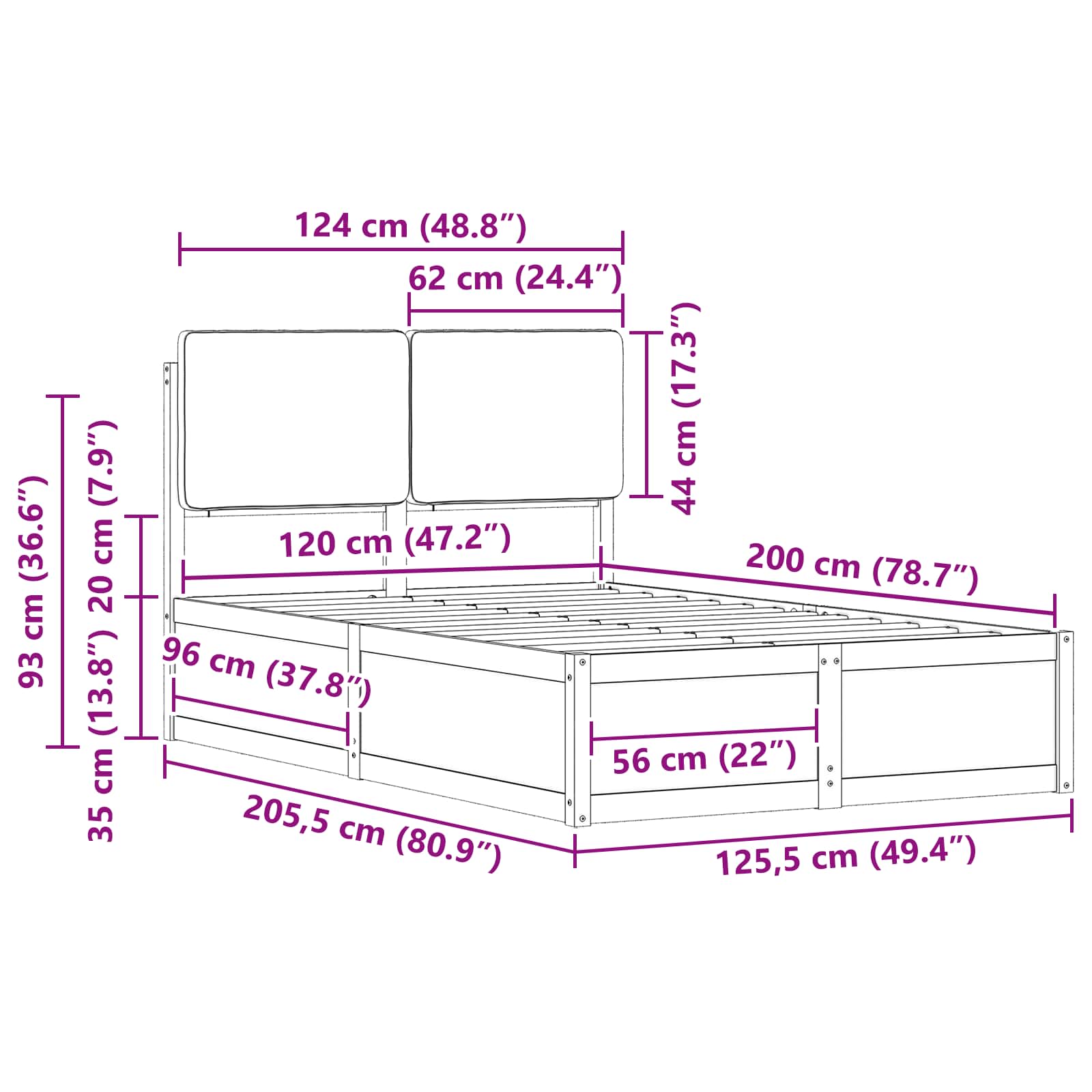 Sängram med Klädd Huvudgavel Ljusgrå 120 x 200 cm Massiv furu