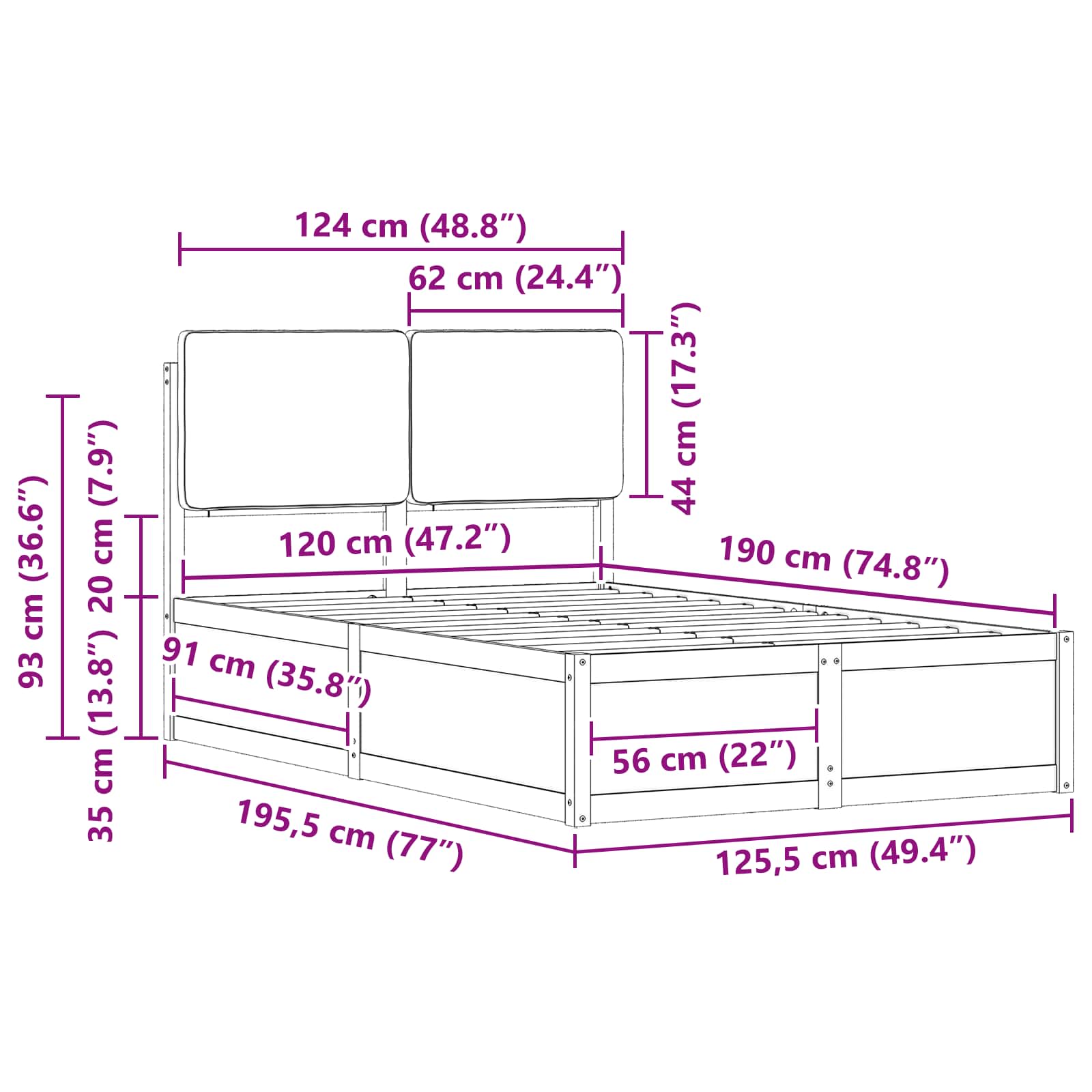 Sängram med Klädd Huvudgavel Mörkgrå 120 x 190 cm Massiv furu