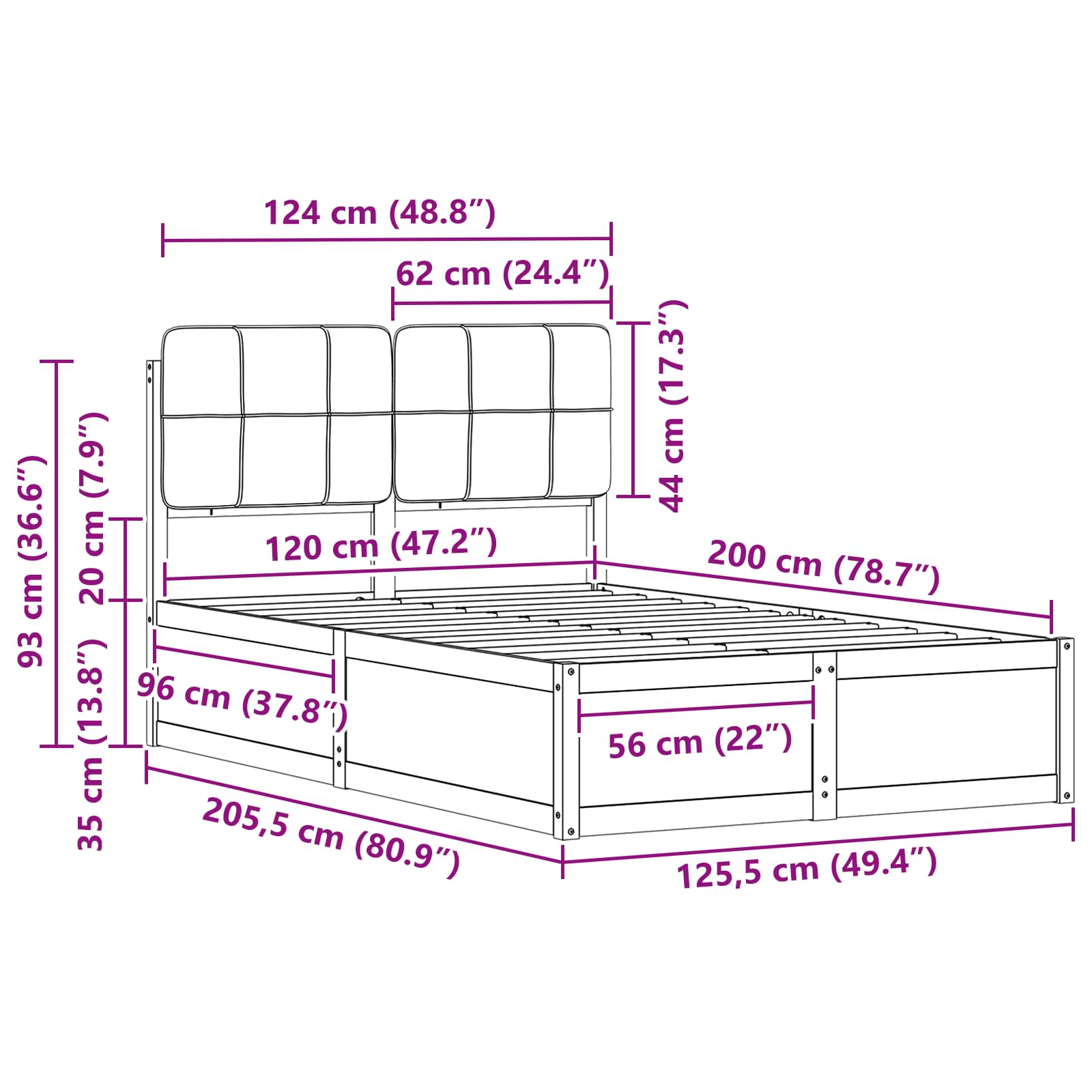 Sängram med Klädd Huvudgavel Ljusgrå 120 x 200 cm Massiv furu