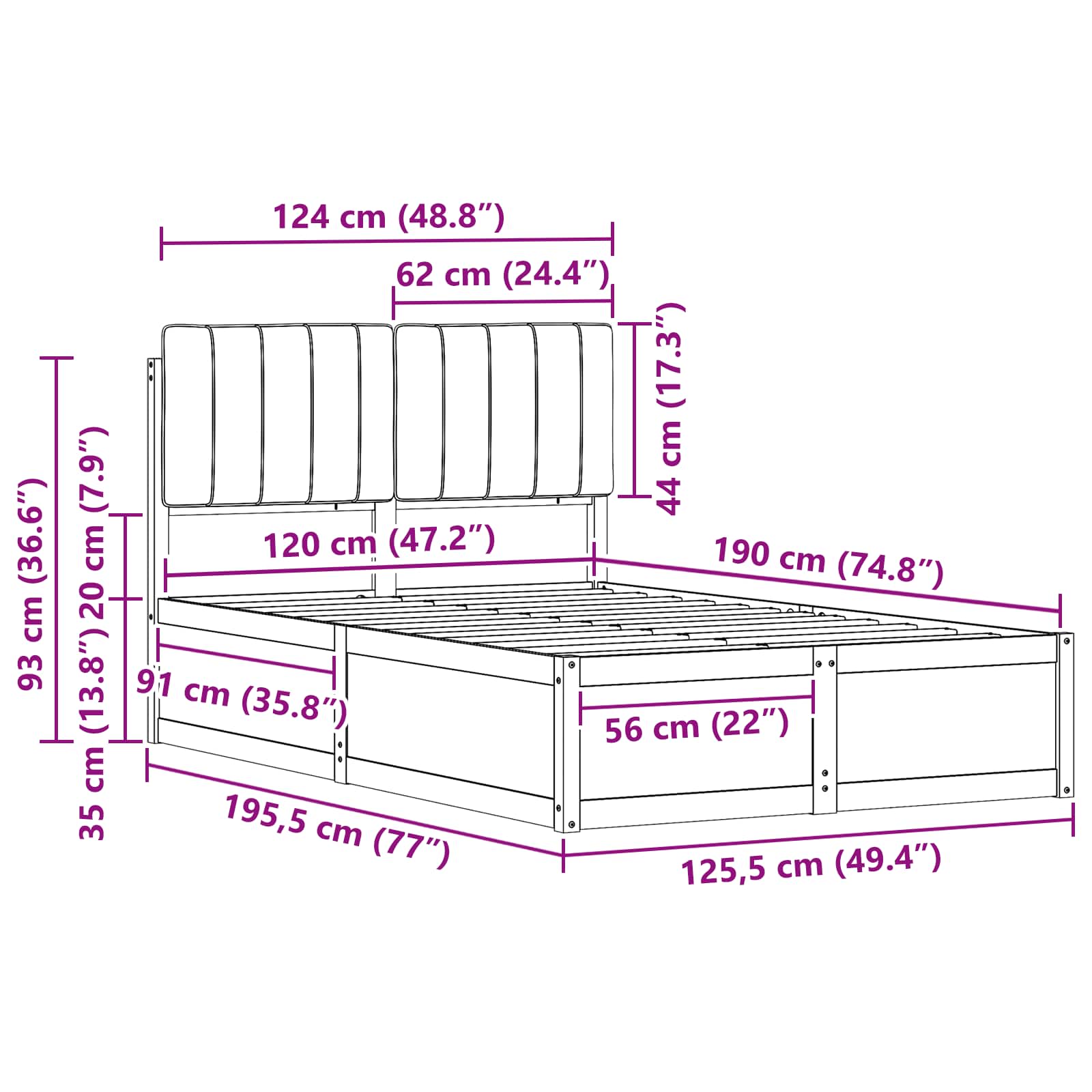 Sängram med Klädd Huvudgavel Mörkgrå 120 x 190 cm Massiv furu
