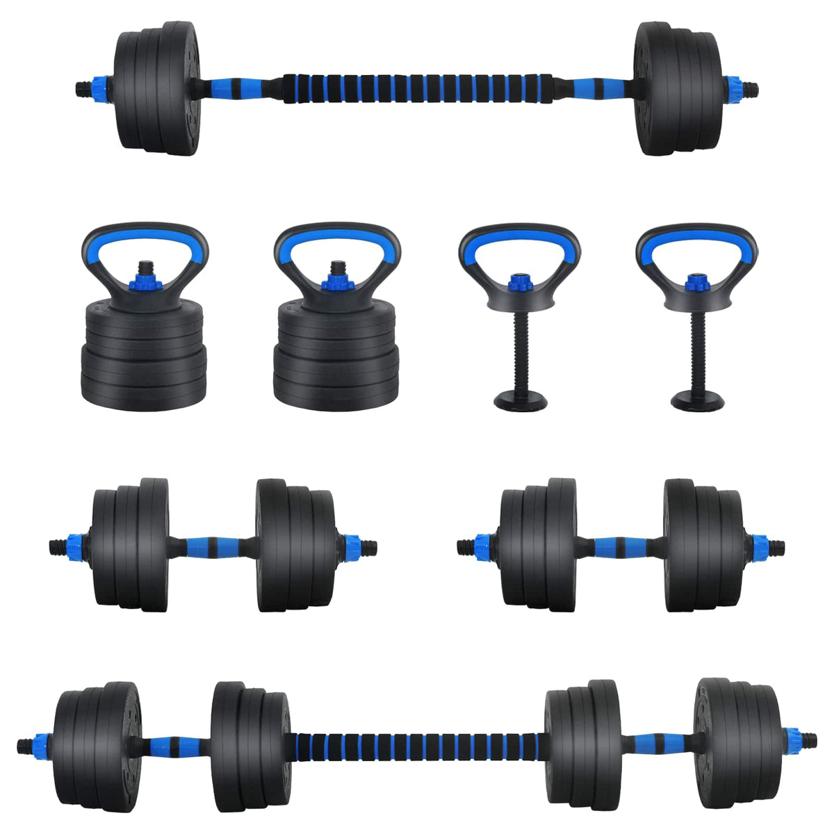 4-i-1 hantel, stång och kettlebell-set 20 kg Svart och blå