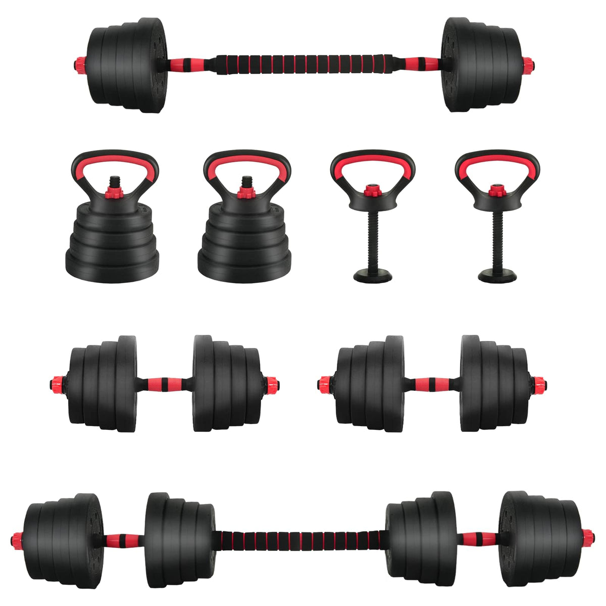 4-i-1 hantel, stång och kettlebell-set 30 kg Svart och Röd