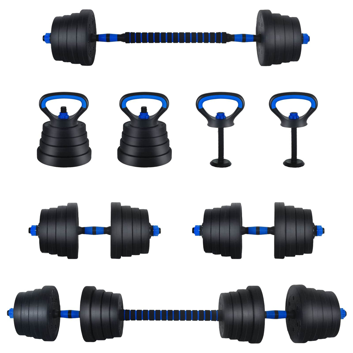 4-i-1 hantel, stång och kettlebell-set 30 kg Svart och blå