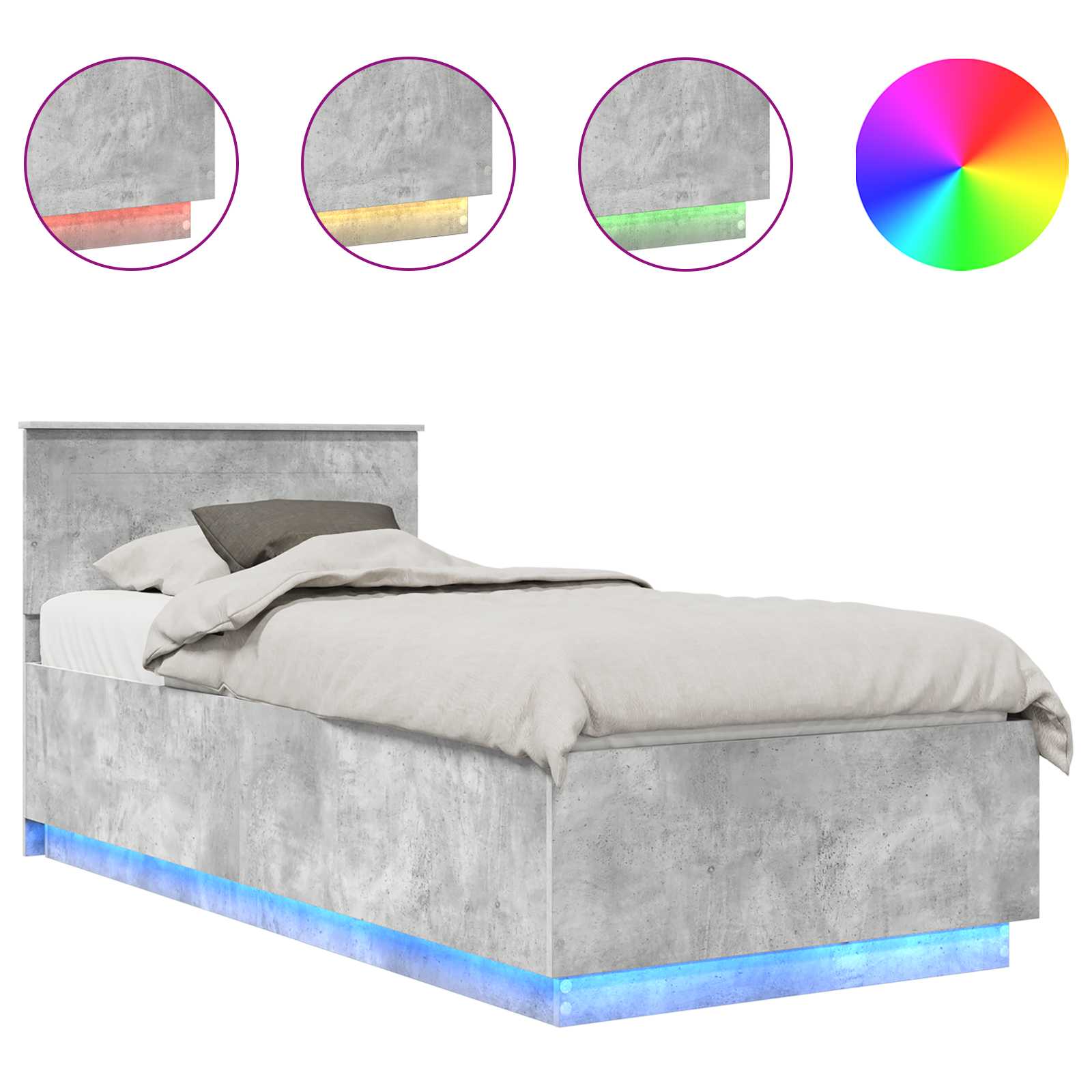 Sängram med LED -remsljus Betonggrå 70 x 190 cm Konstruerat trä