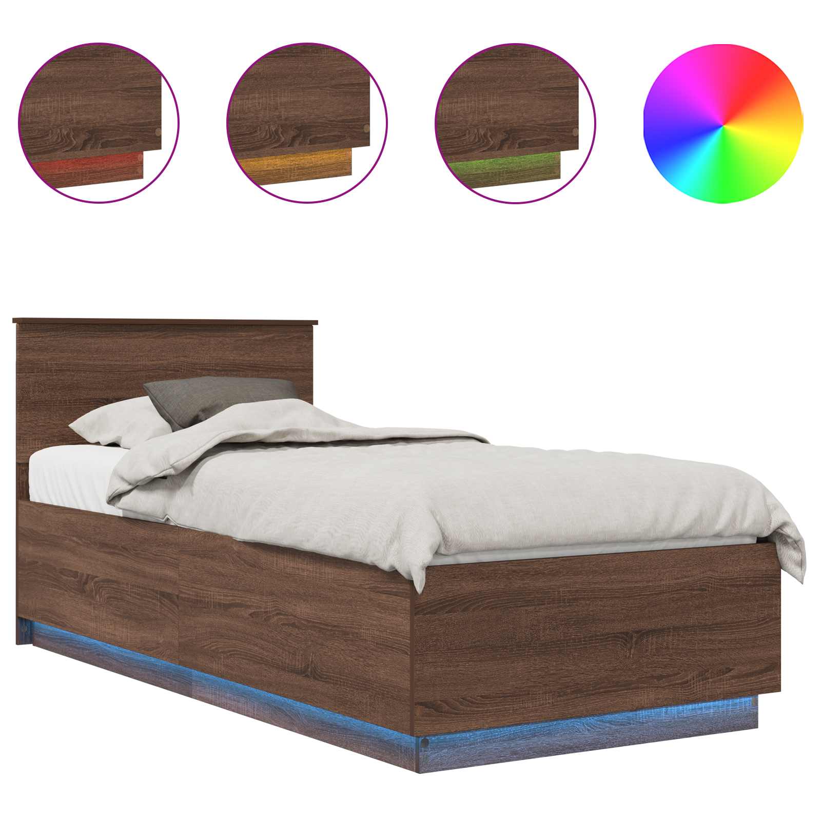 Sängram med LED -remsljus Brun Ek 70 x 190 cm Konstruerat trä