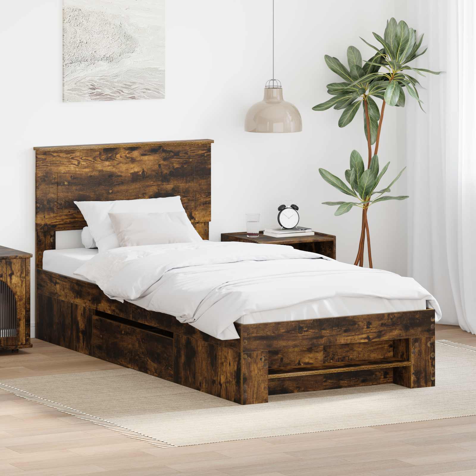 Sängram med huvudgavel Rökt ek 90 x 200 cm Konstruerat trä