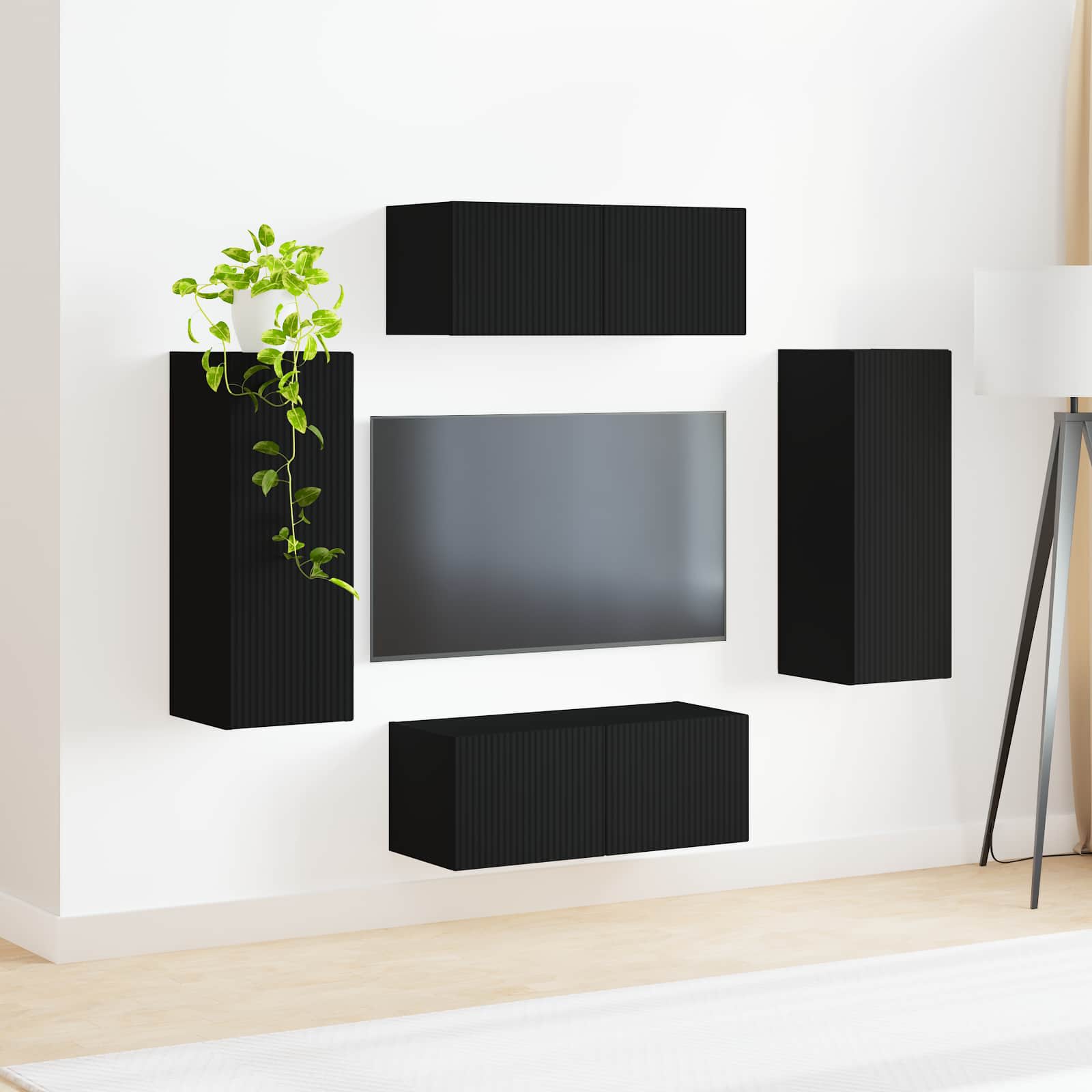 TV väggskåp set Väggmonterad 4 pcs Svart Konstruerat trä