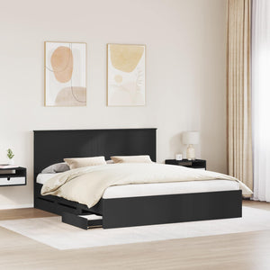 Sängram med låda med huvudgavel Svart 200 x 200 cm Ingenjörsträ