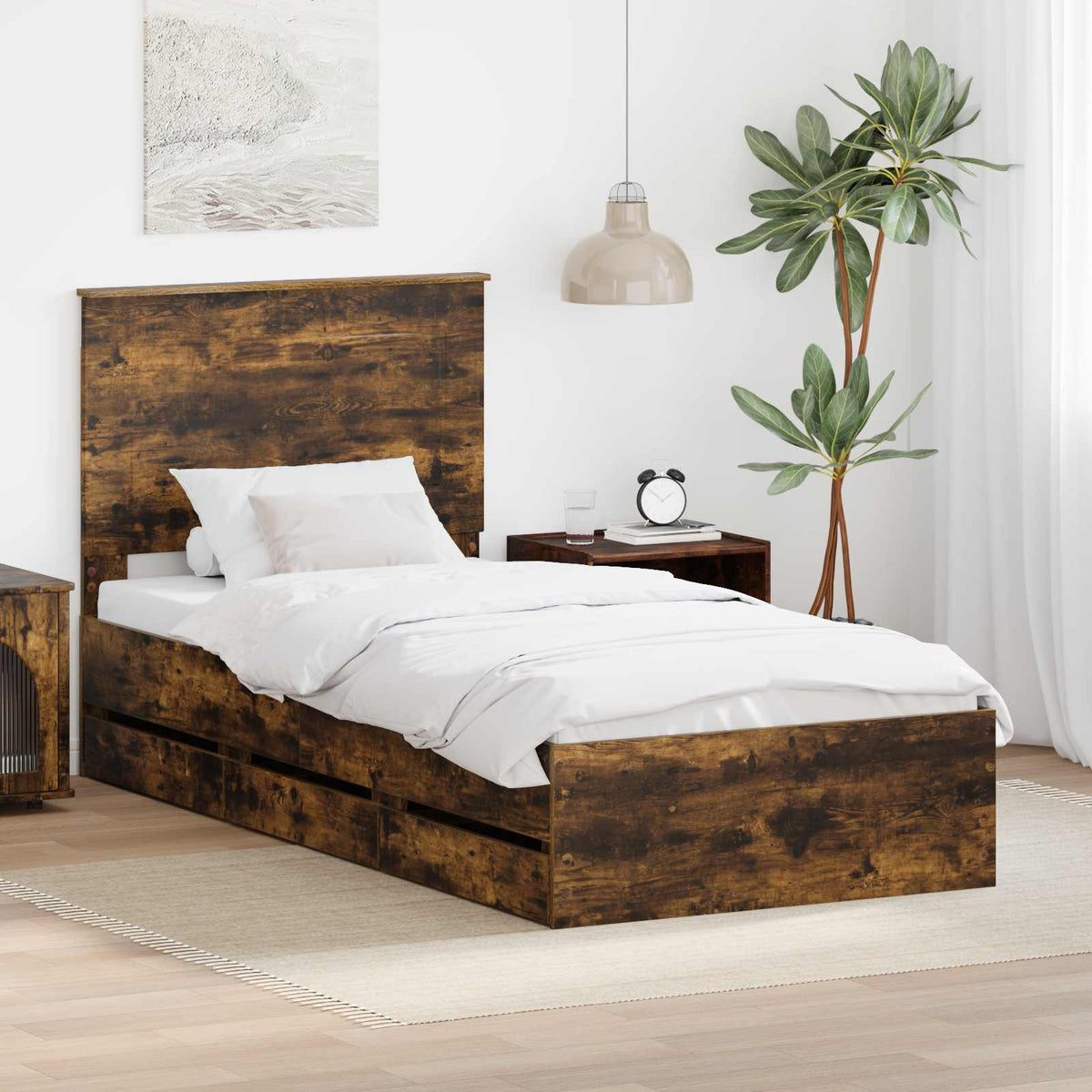 Sängram med låda med lagring Rökt ek 75 x 190 cm Ingenjörsträ