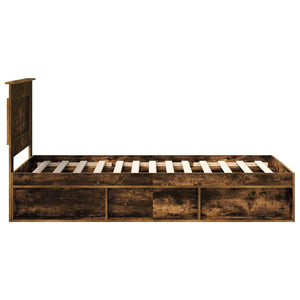 Sängram med huvudgavel med låda Rökt ek 90 x 200 cm Massiv furu