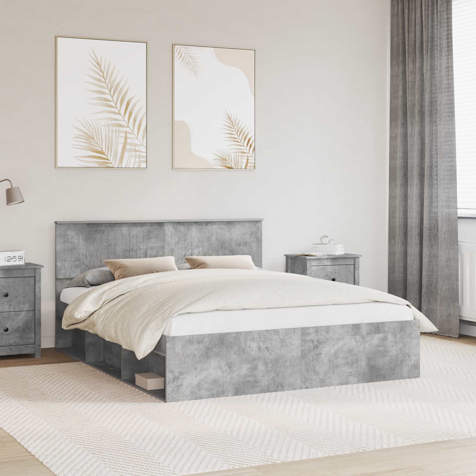 Sängram med huvudgavel Betong 160 x 200 cm Massiv furu