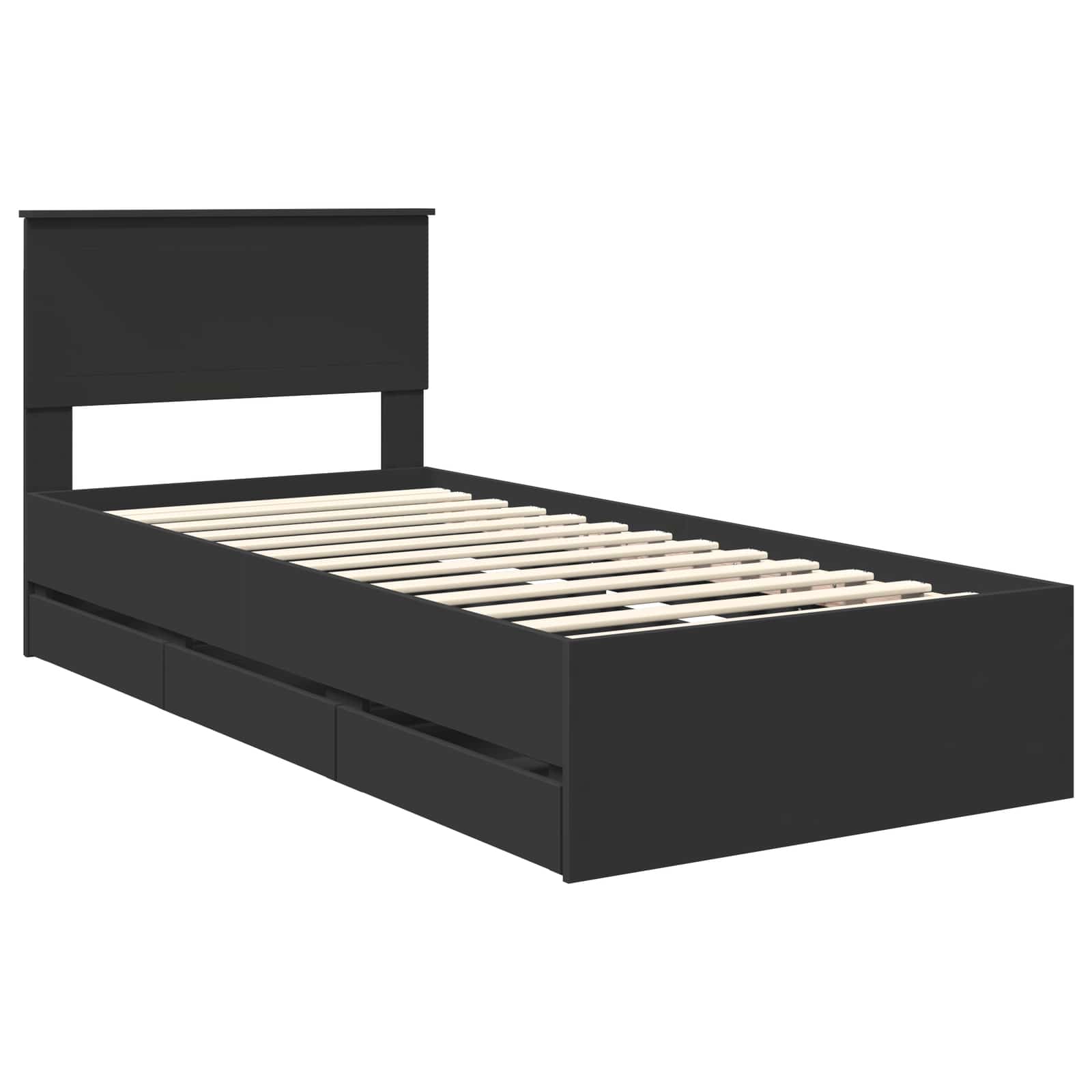 Sängram med låda med huvudgavel Svart 90 x 190 cm Ingenjörsträ