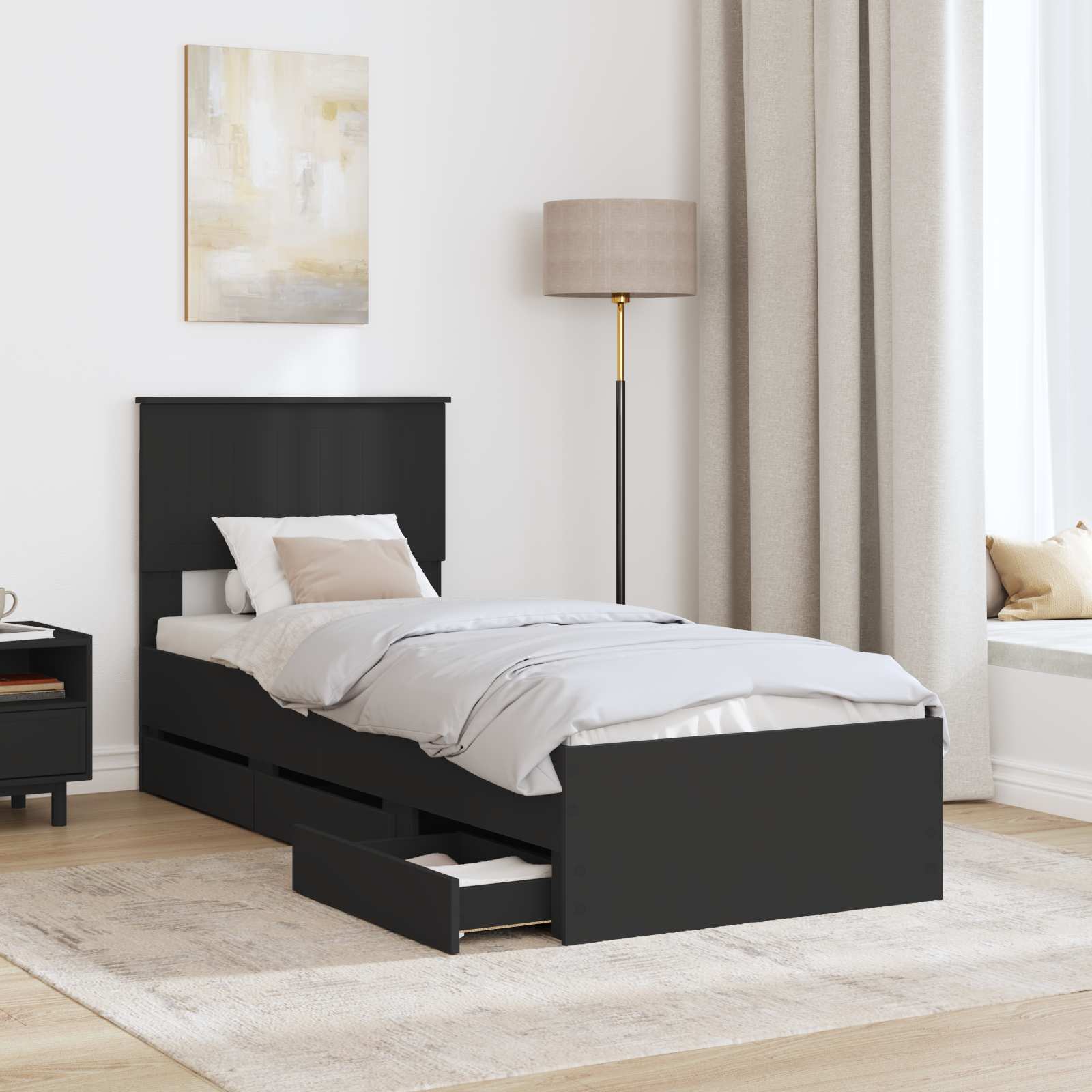 Sängram med låda med huvudgavel Svart 75 x 190 cm Ingenjörsträ
