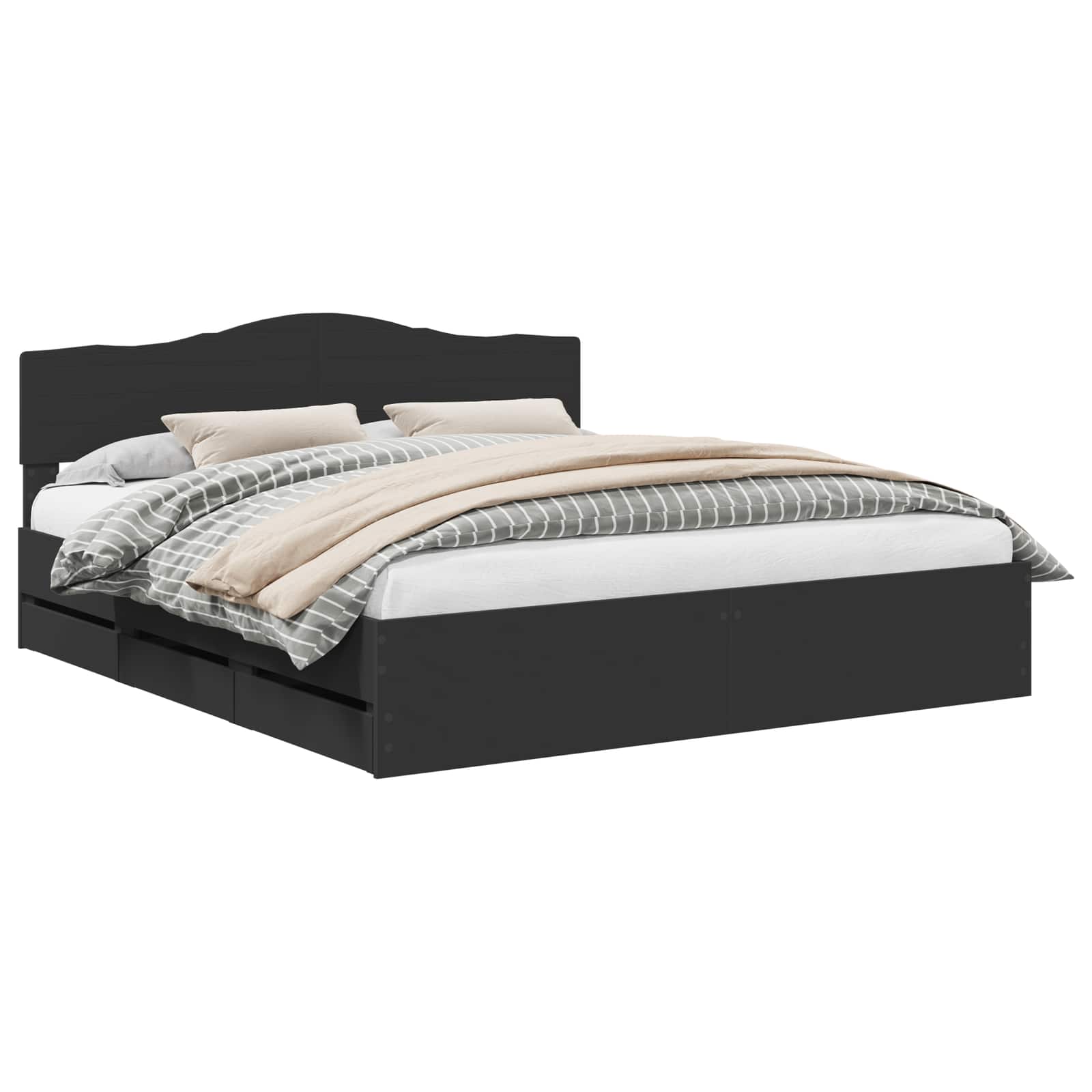 Sängram med låda med huvudgavel Svart 180 x 200 cm Ingenjörsträ