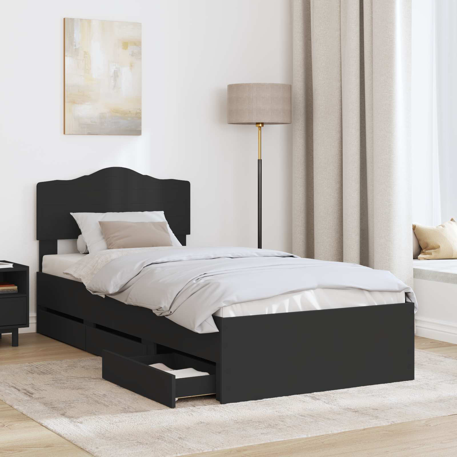 Sängram med låda med huvudgavel Svart 90 x 190 cm Ingenjörsträ