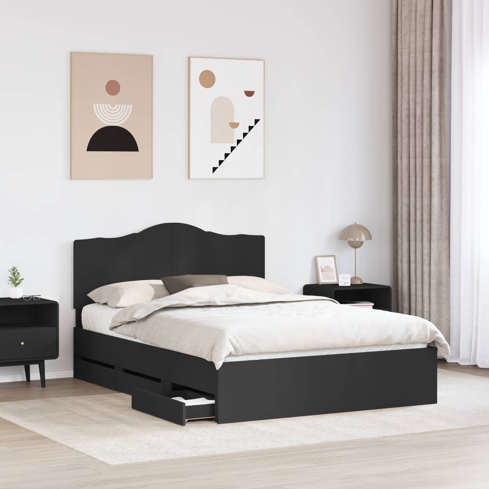 Sängram med låda med huvudgavel Svart 160 x 200 cm Ingenjörsträ