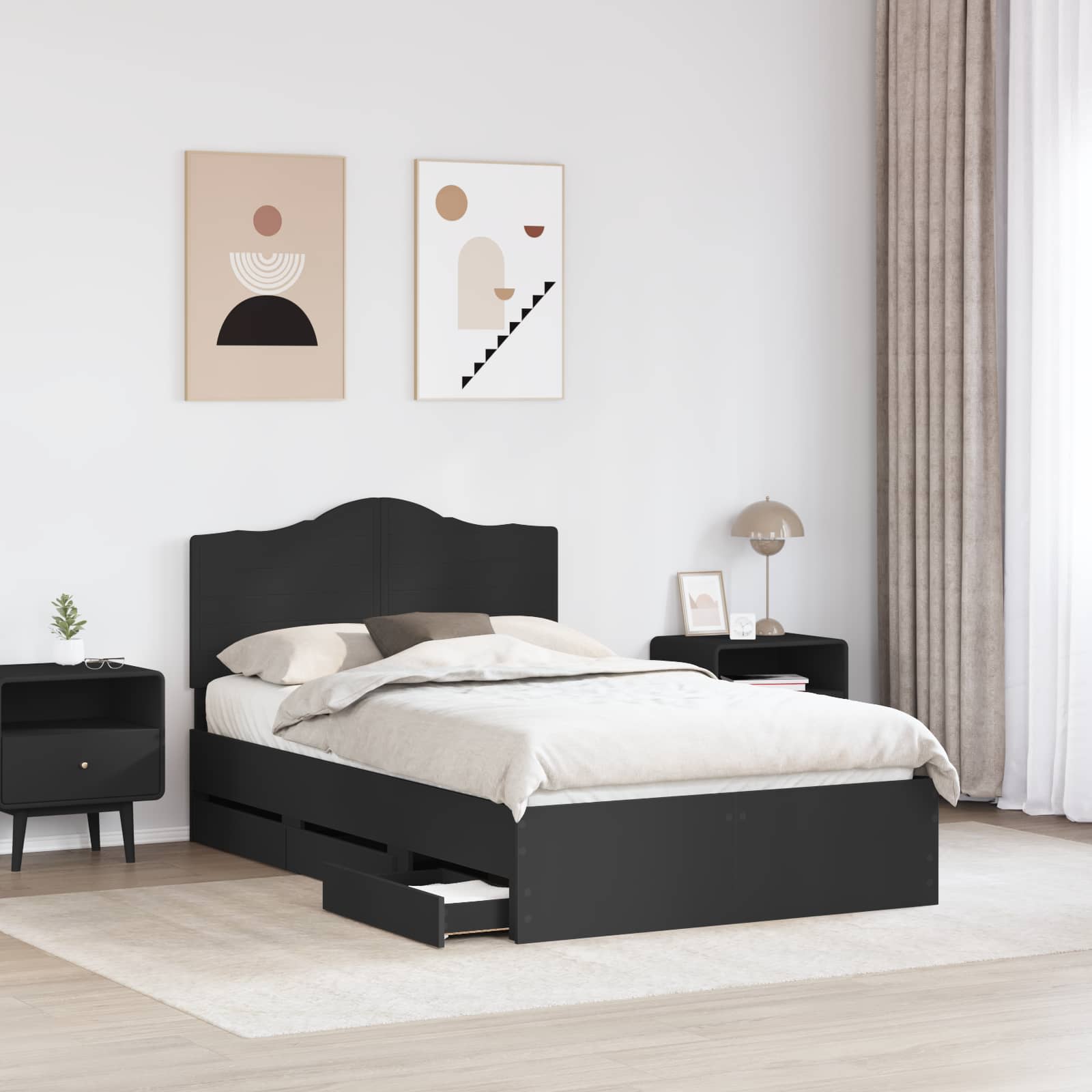 Sängram med låda med huvudgavel Svart 120 x 190 cm Ingenjörsträ