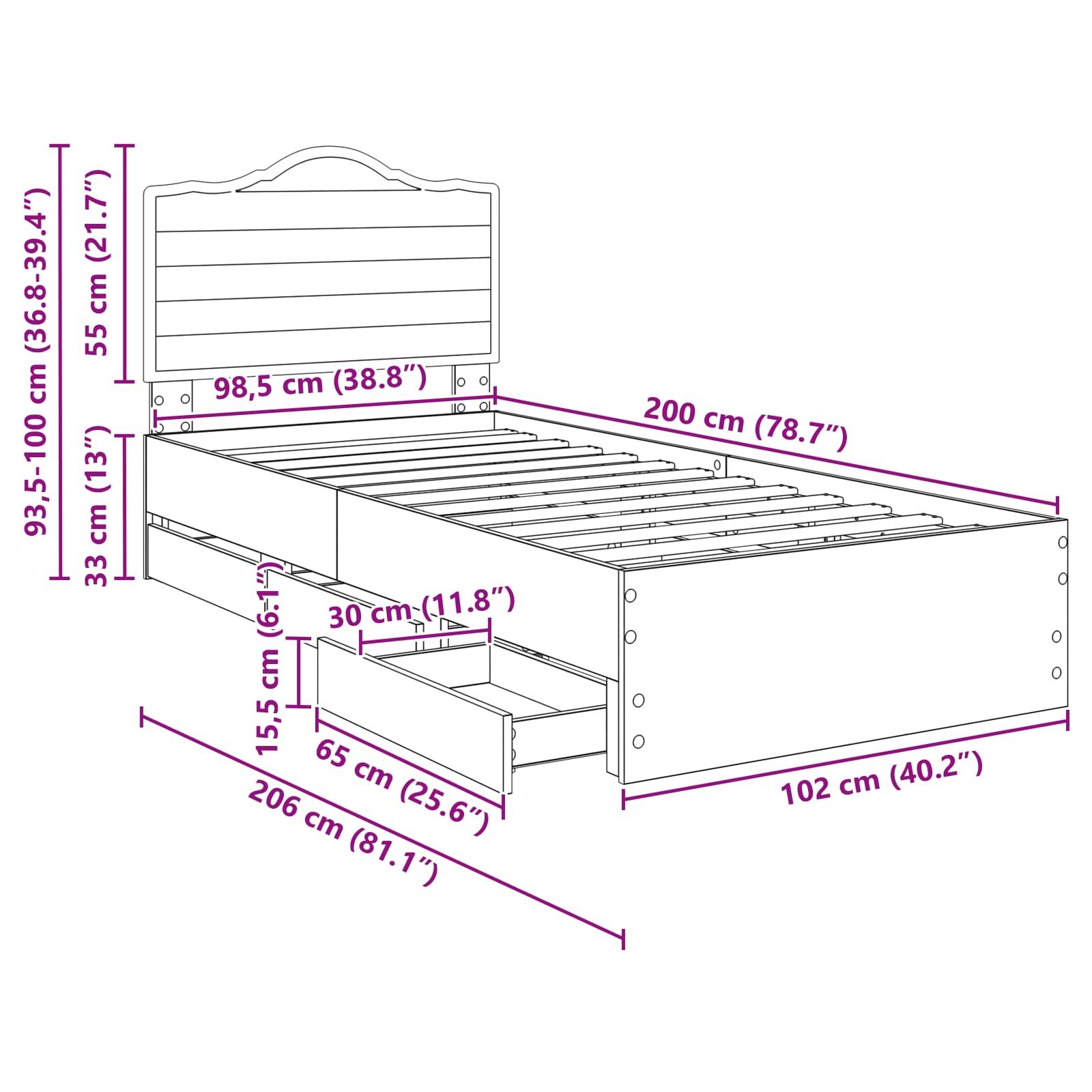 Sängram med låda med huvudgavel Svart 100 x 200 cm Ingenjörsträ