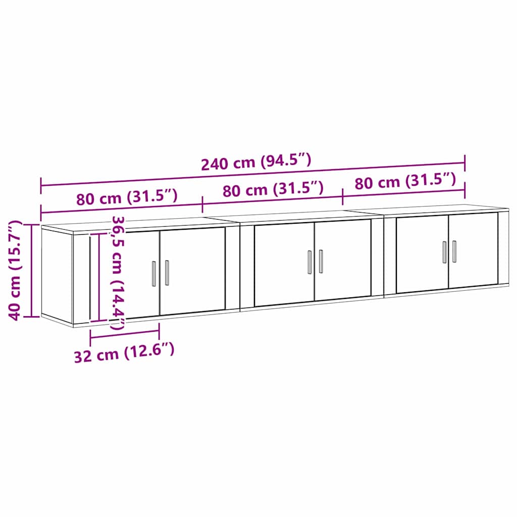 Väggmonterad TV-byrå Set 3 pcs Svart Ek 80 x 34,5 x 40 cm