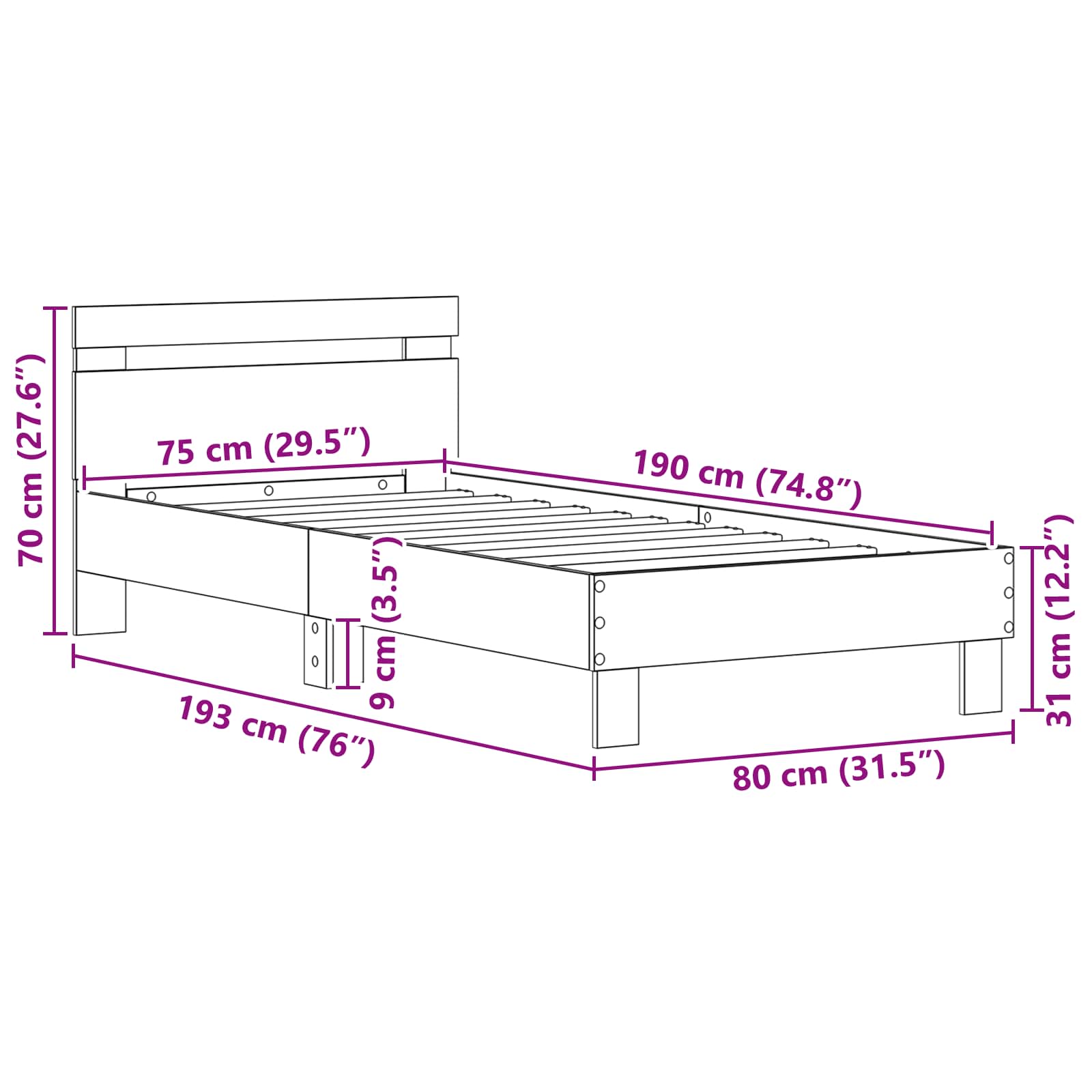 Sängram med huvudgavel Svart Ek 75 x 190 cm Konstruerat trä