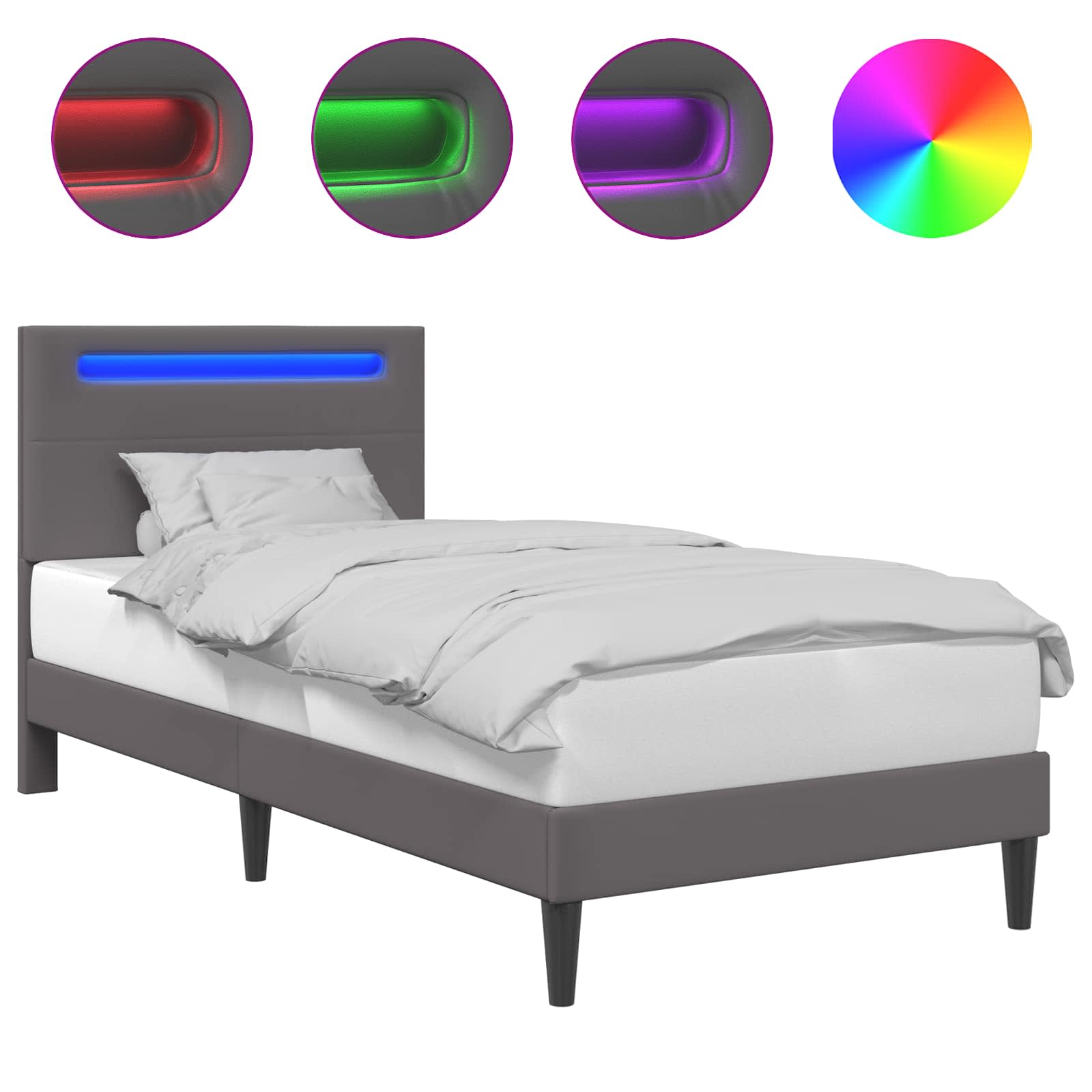 Sängram med LED-ljusslingor Grå 90 x 200 cm Konstläder
