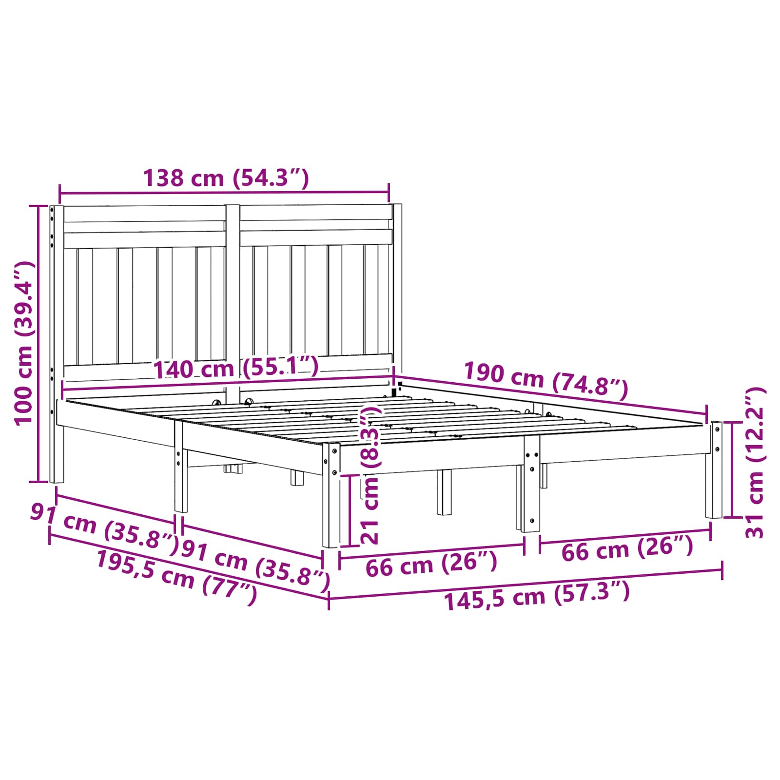 Sängram med huvudgavel Vaxbrun 140 x 190 cm Massiv furu