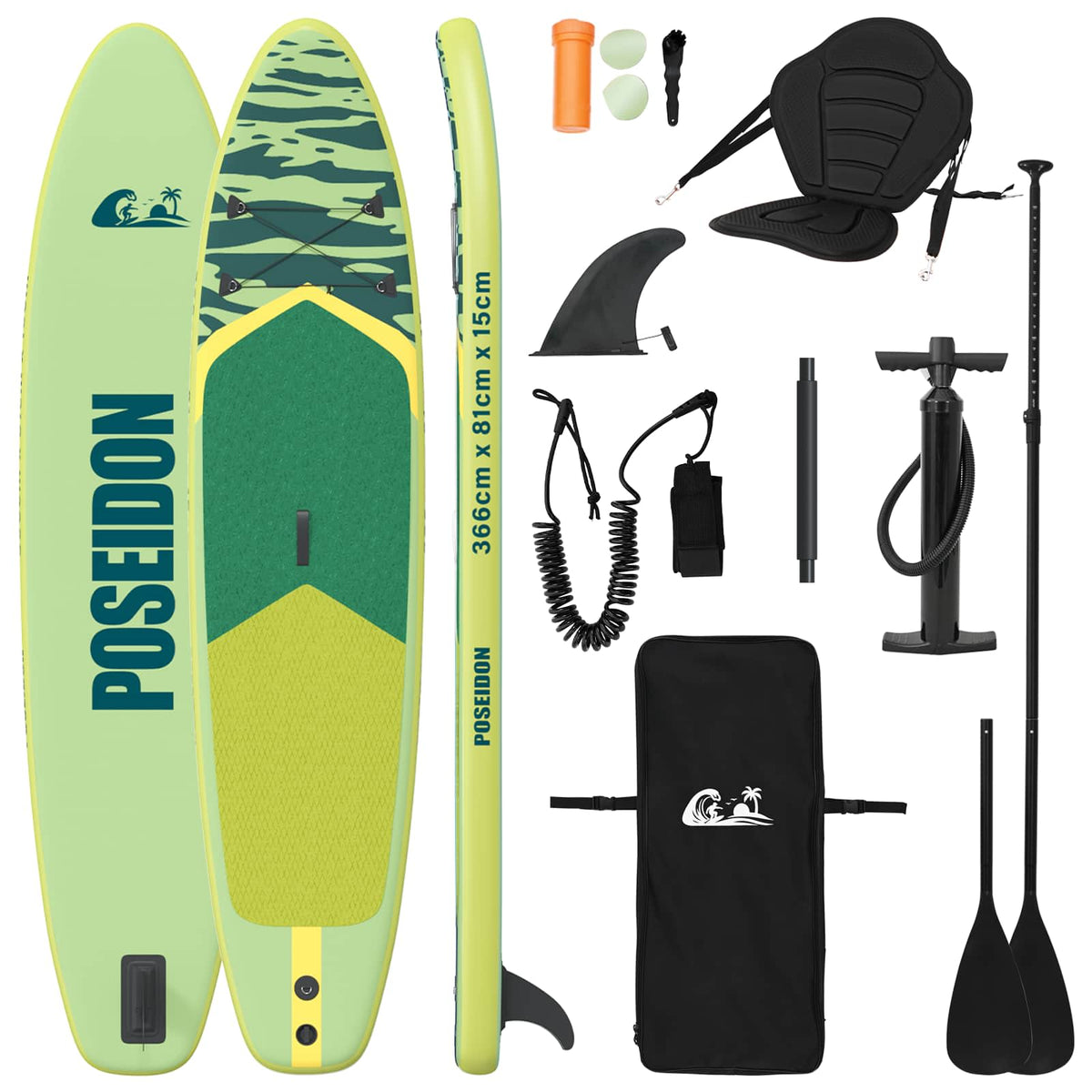 SUP-bräda med sits 2-i-1 POSEIDON 366 x 81 x 15 cm Grön