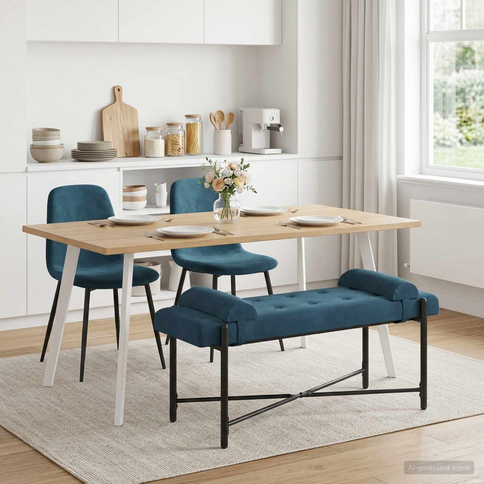 Knappstoppad bänk med kuddar Blå 110 x 40 x 46 cm Sammet