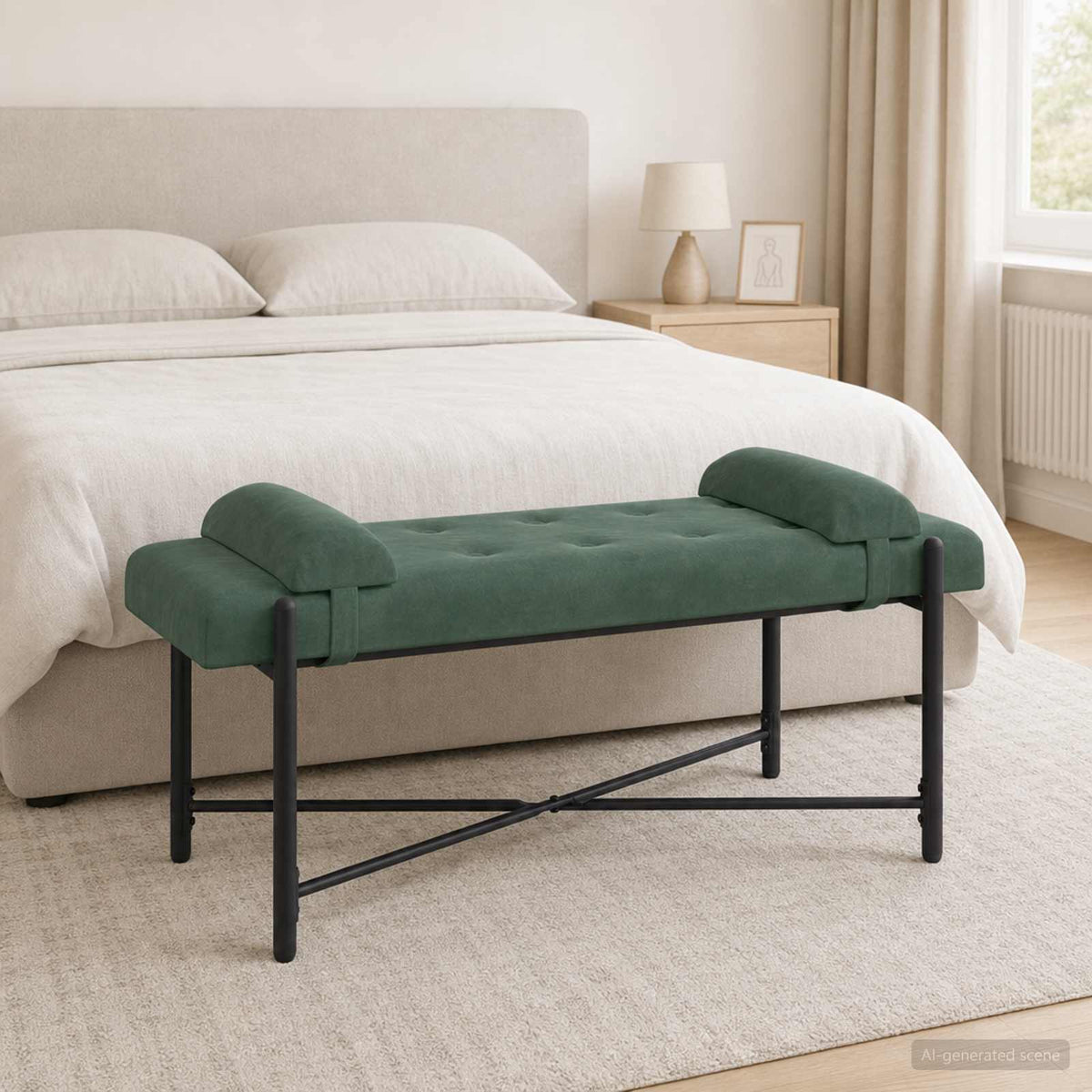 Knappstoppad bänk med kuddar Havgrön 110 x 40 x 46 cm Sammet