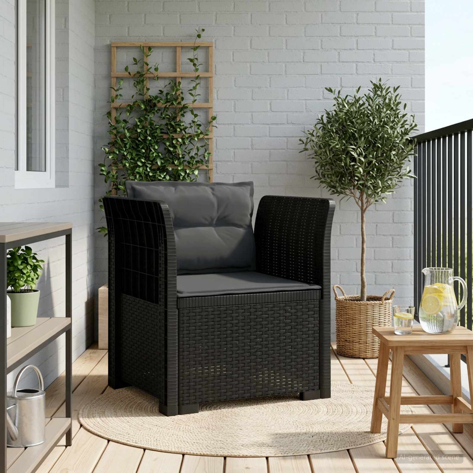 1-sits fåtölj med kuddar i rottlook PP Antracit
