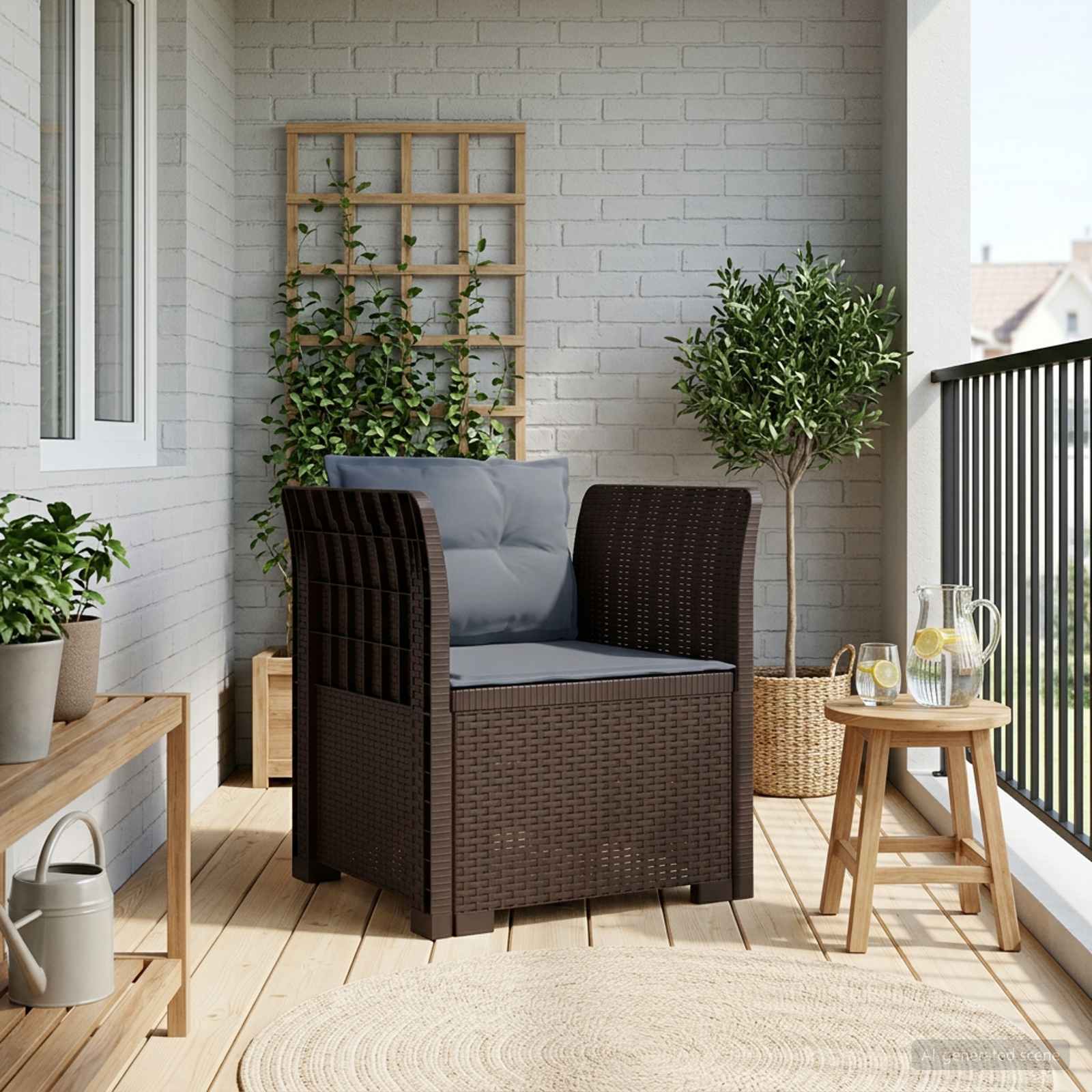 1-sits fåtölj med kuddar i rottlook PP Brun