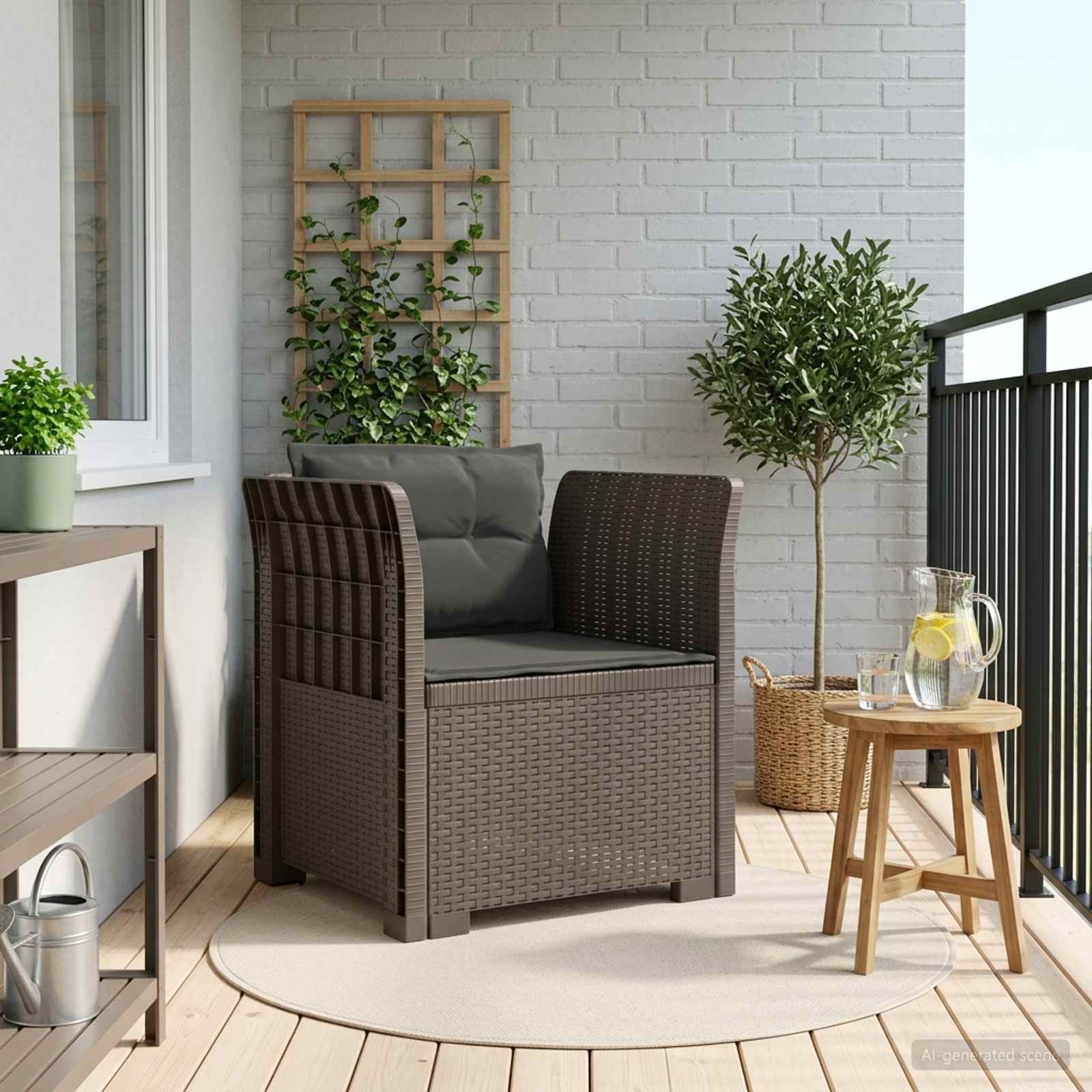 1-sits fåtölj med kuddar i rottlook PP Ljusgrå