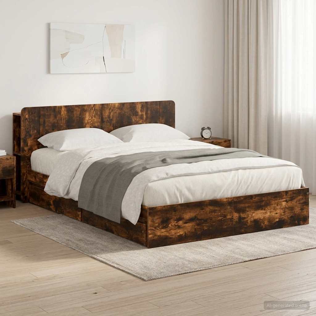 Sängram med förvaring Rökt ek 135 x 190 cm Konstruerat trä