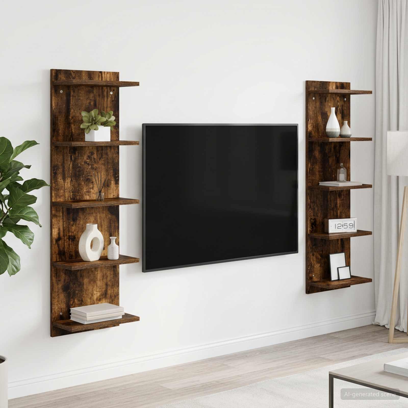 Vägg hylla 2 st Rökt ek 30 x 15 x 100 cm Konstruerat trä