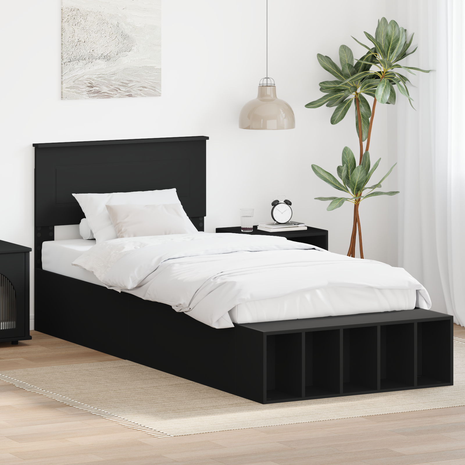 Sängram med hylla med lagring Svart 75 x 190 cm Konstruerat trä