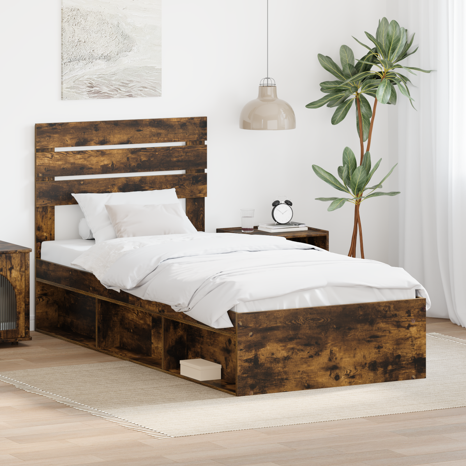 Sängram med huvudgavel Rökt ek 75 x 190 cm Massiv furu