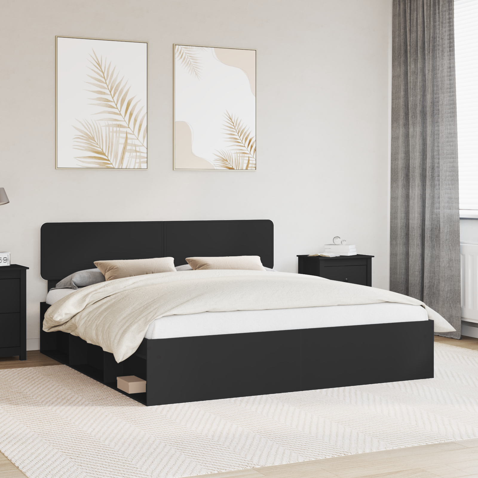 Sängram med huvudgavel Svart 200 x 200 cm Massiv furu