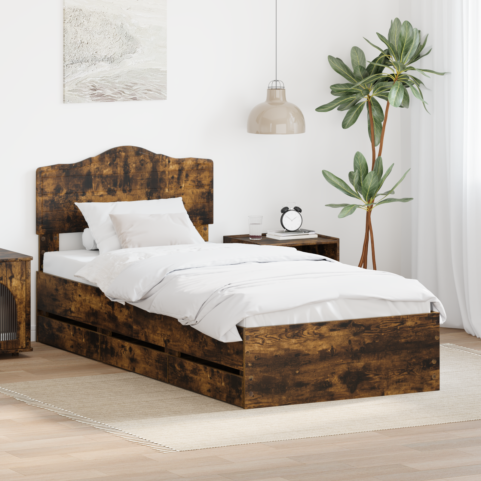 Sängram med låda med lagring Rökt ek 90 x 190 cm Ingenjörsträ