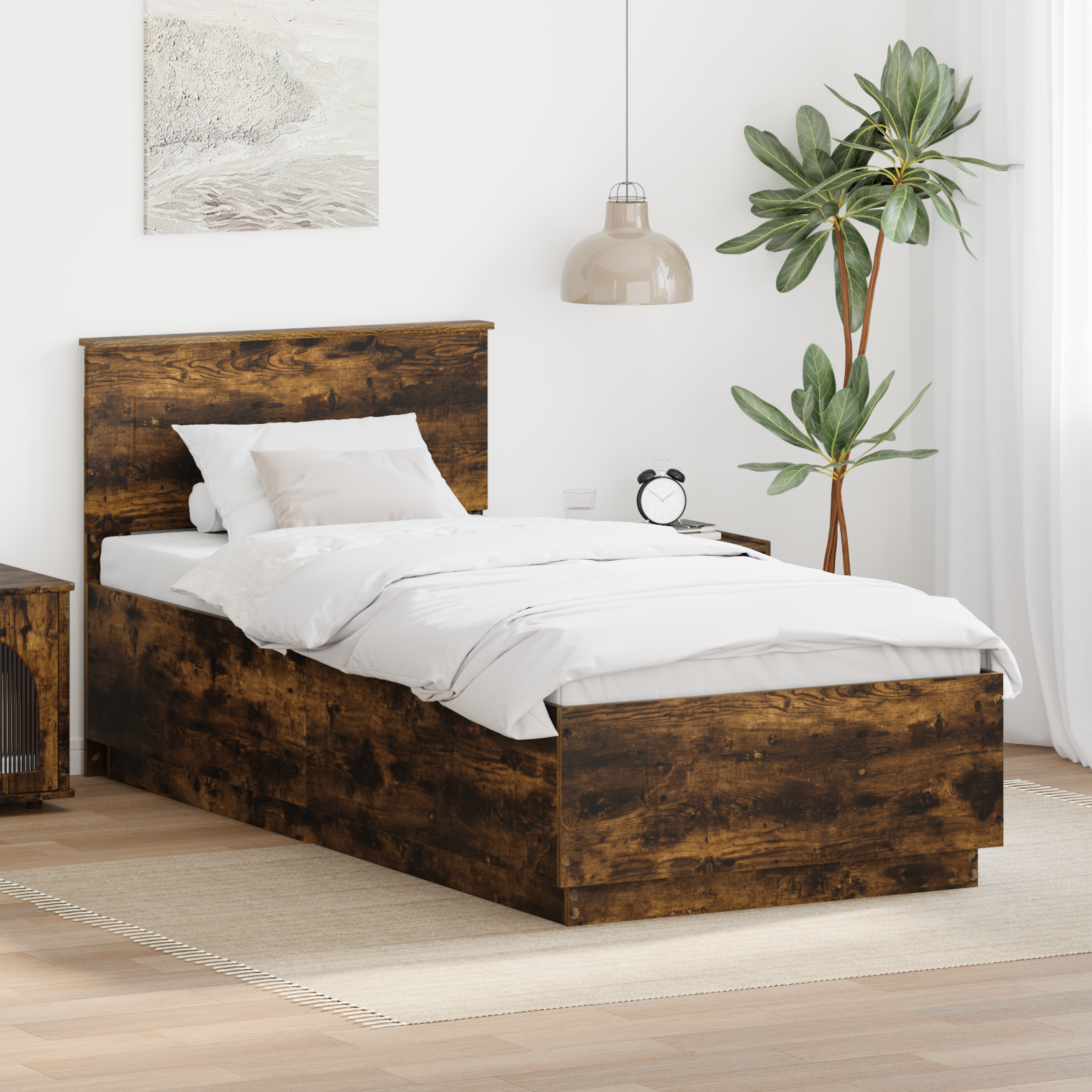 Sängram med huvudgavel Rökt ek 90 x 200 cm Konstruerat trä